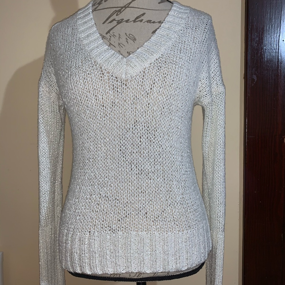 Mudd Sweater Top Crochet Knit Sz L White/Silver.